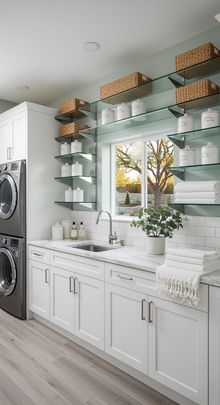 chic glass shelving laundry