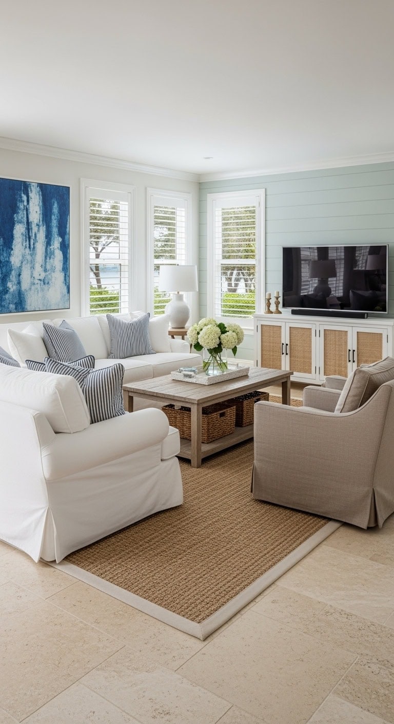 coastal hamptons inspired white livingroom