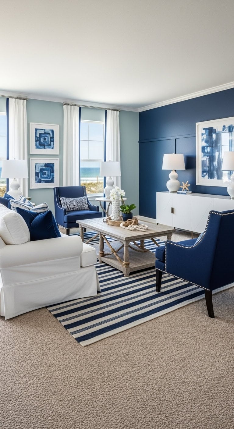 coastal navy and beige living