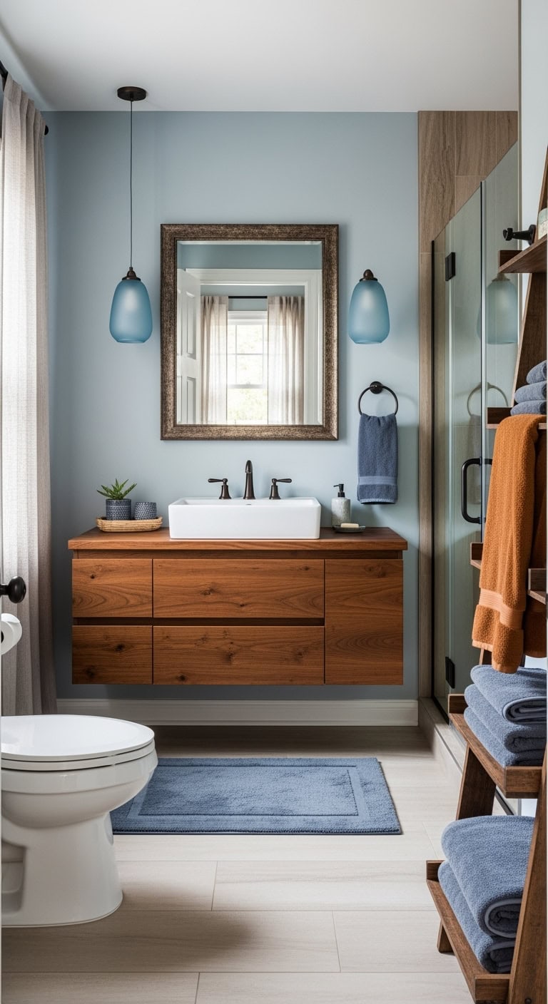 coffee stained wood with misty blue