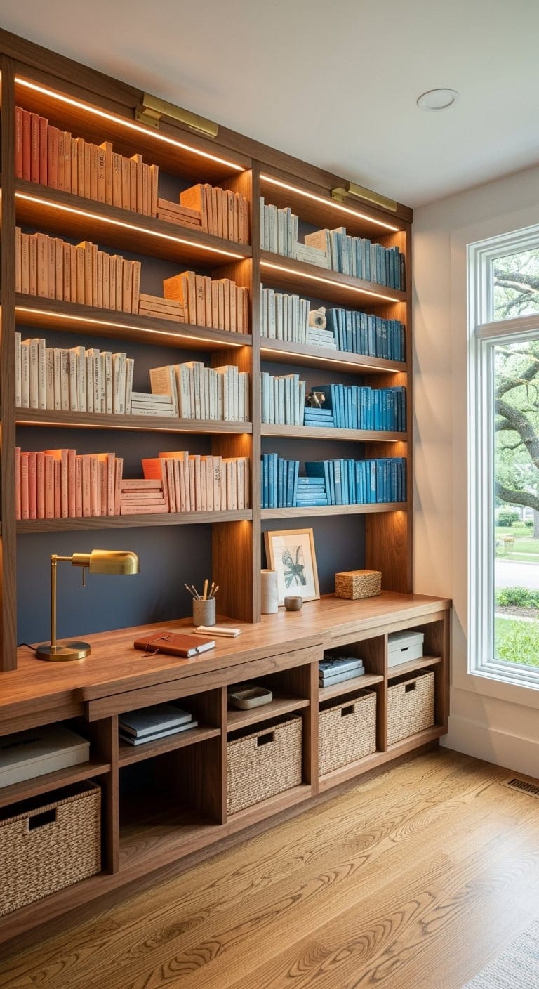 color coordinated floor to ceiling bookshelves