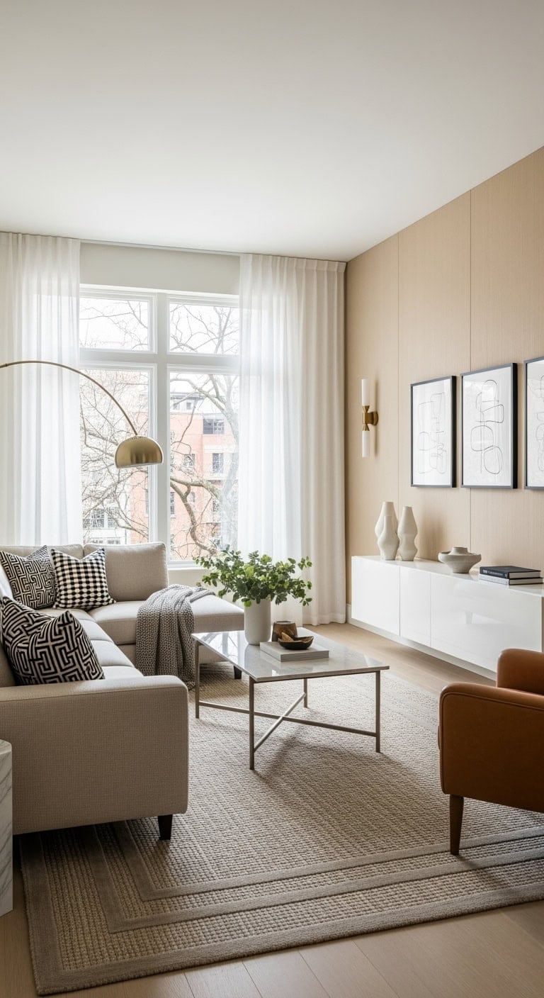 contemporary beige geometric living room