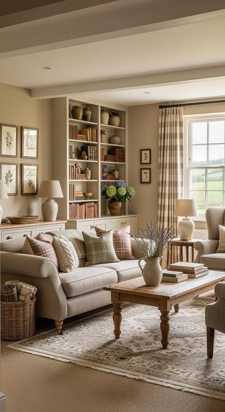 cozy beige cottage with bookshelves