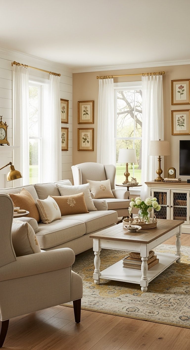 cozy beige cottage with gold