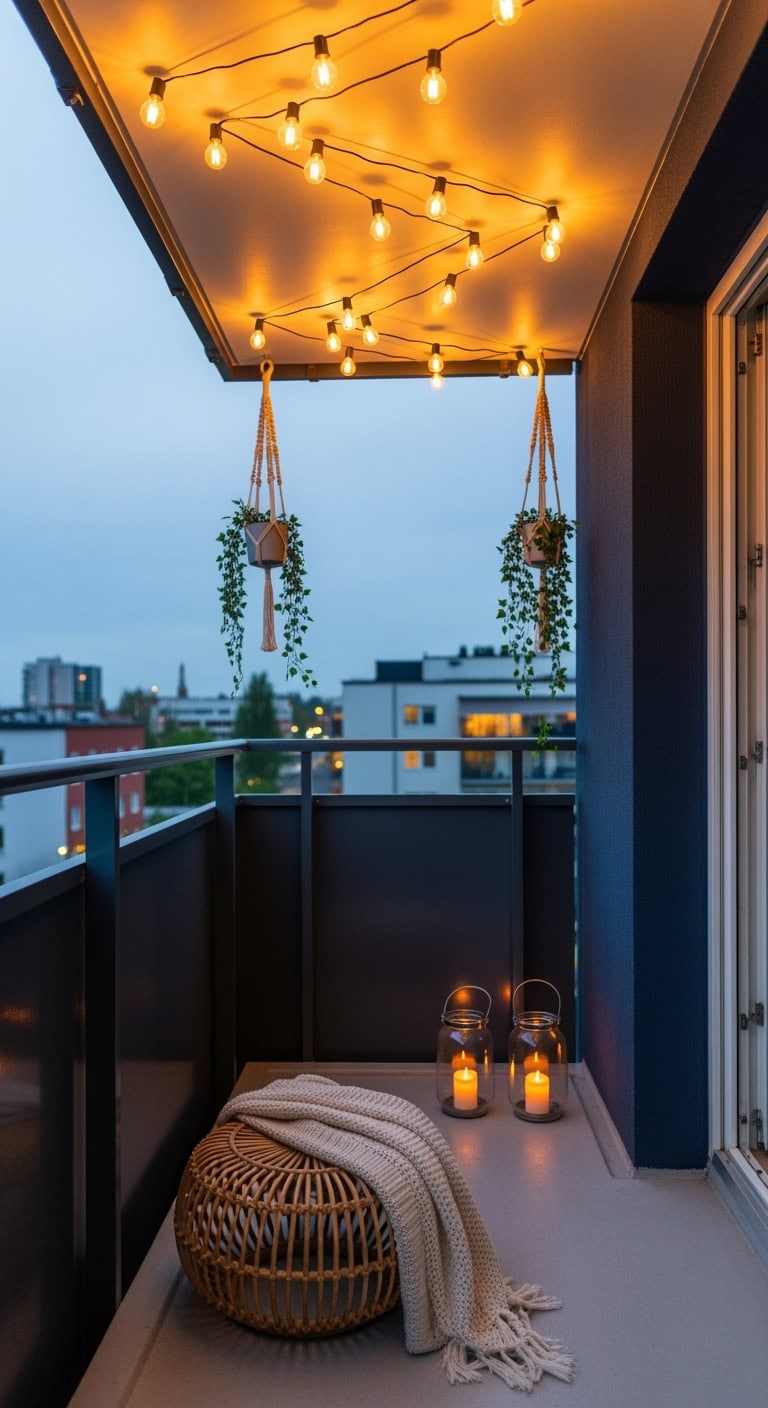 cozy overhead fairy light canopy