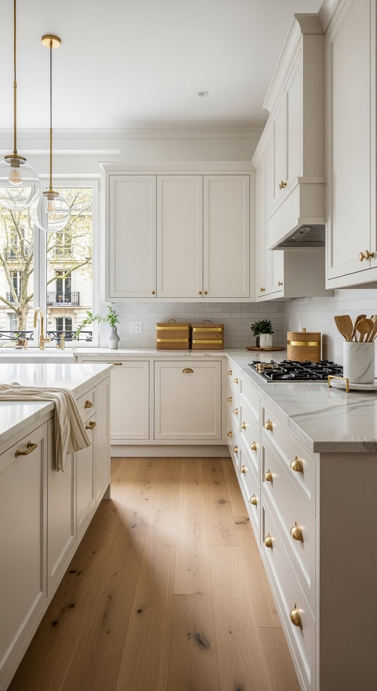 cream cabinetry with gold accents