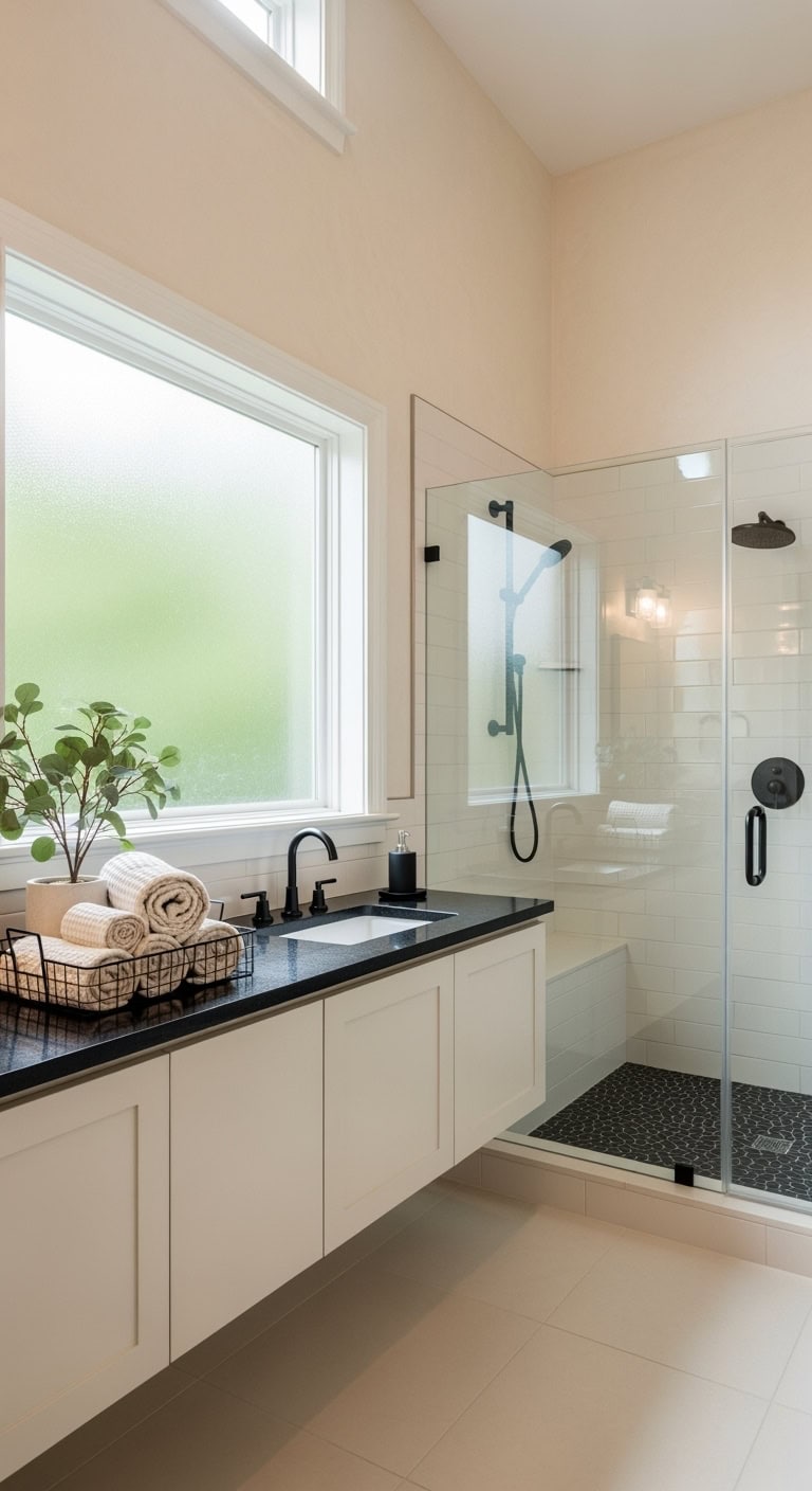 cream walls black pebble floor