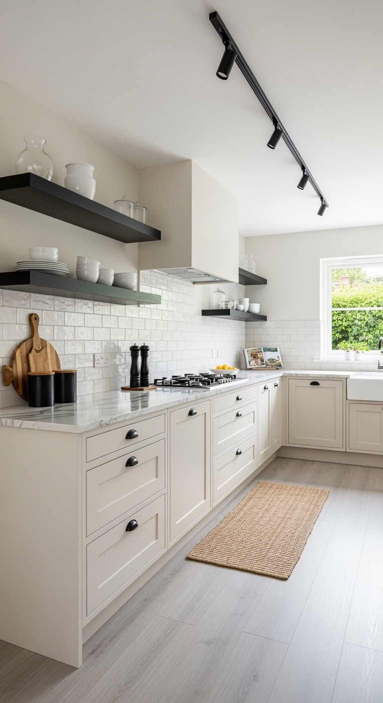 cream walls black shelves