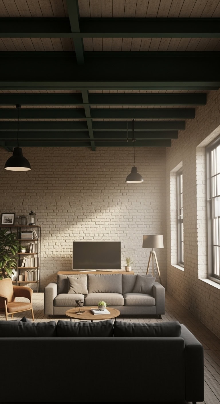 dark green beams beige brick