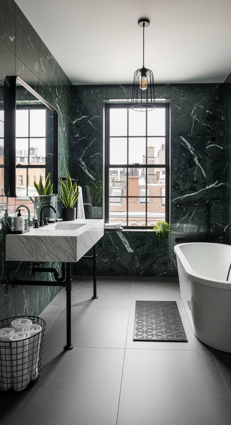 dark green marble industrial bathroom