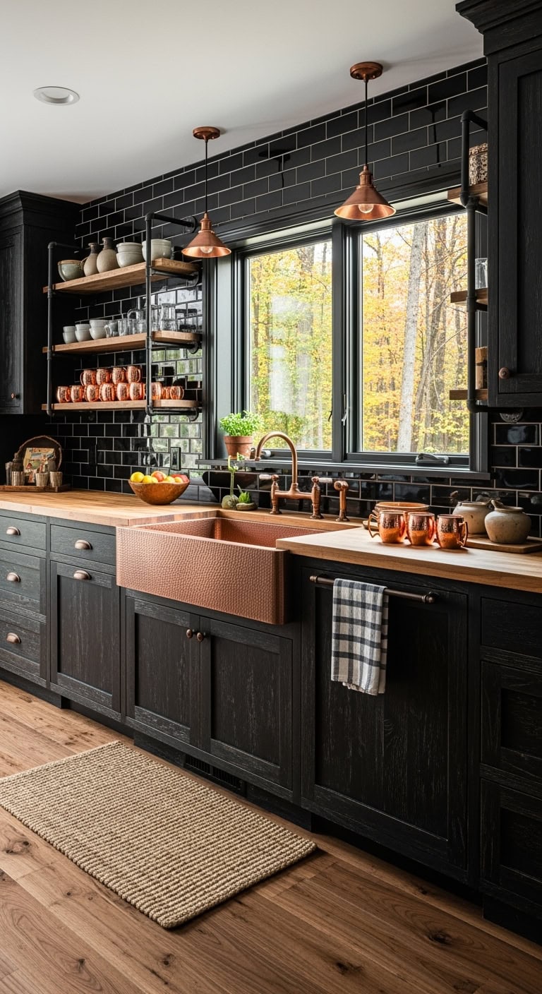 distressed black wood kitchen