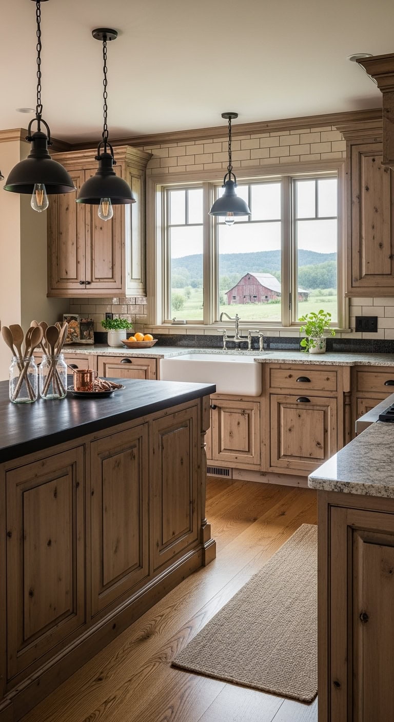 distressed light brown farmhouse cabinets