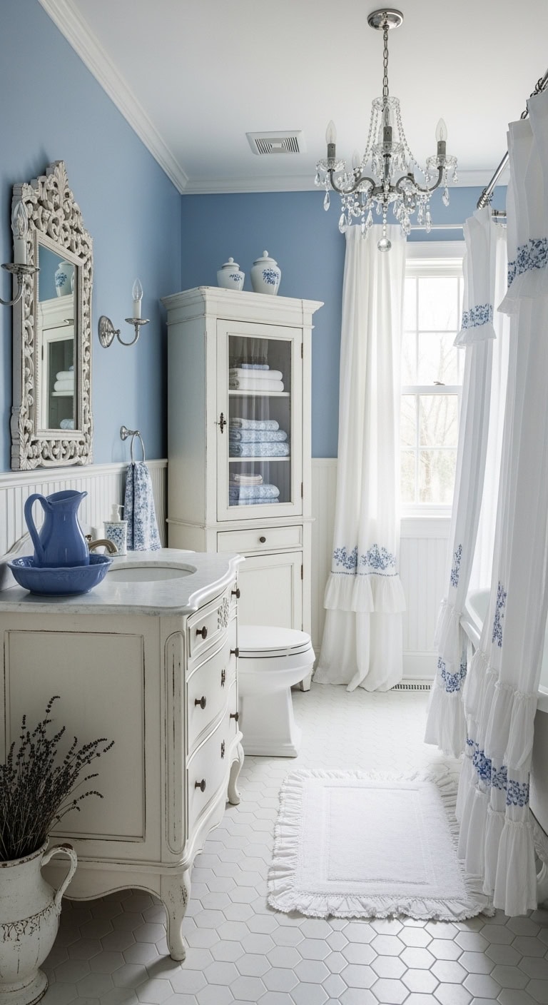 distressed white periwinkle bathroom