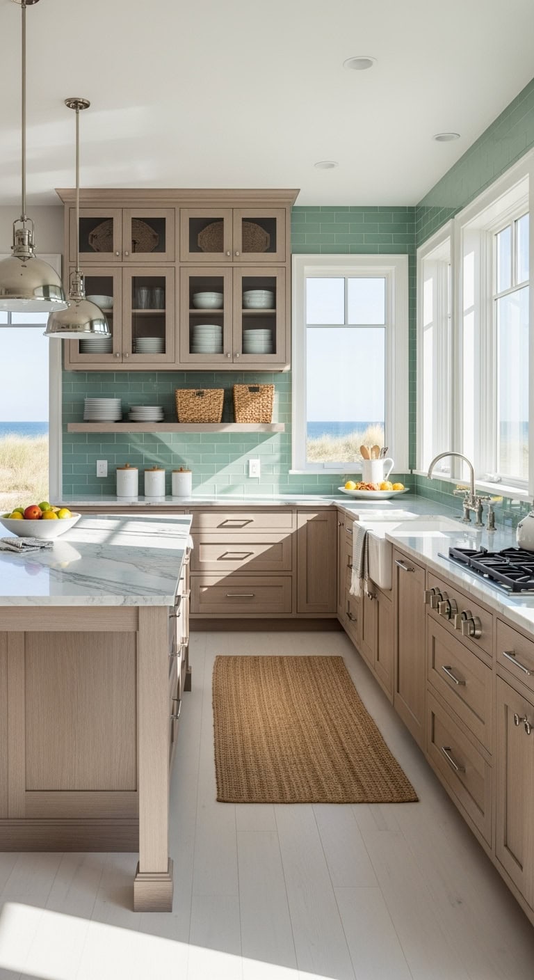 driftwood glass front coastal cabinets