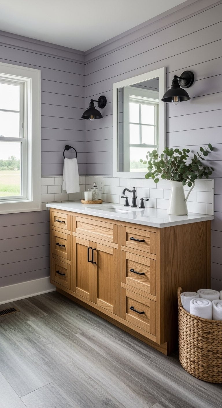 dusty lavender farmhouse bathroom