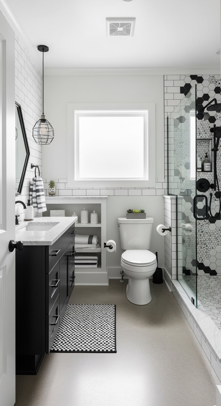 eclectic black and white boutique bathroom