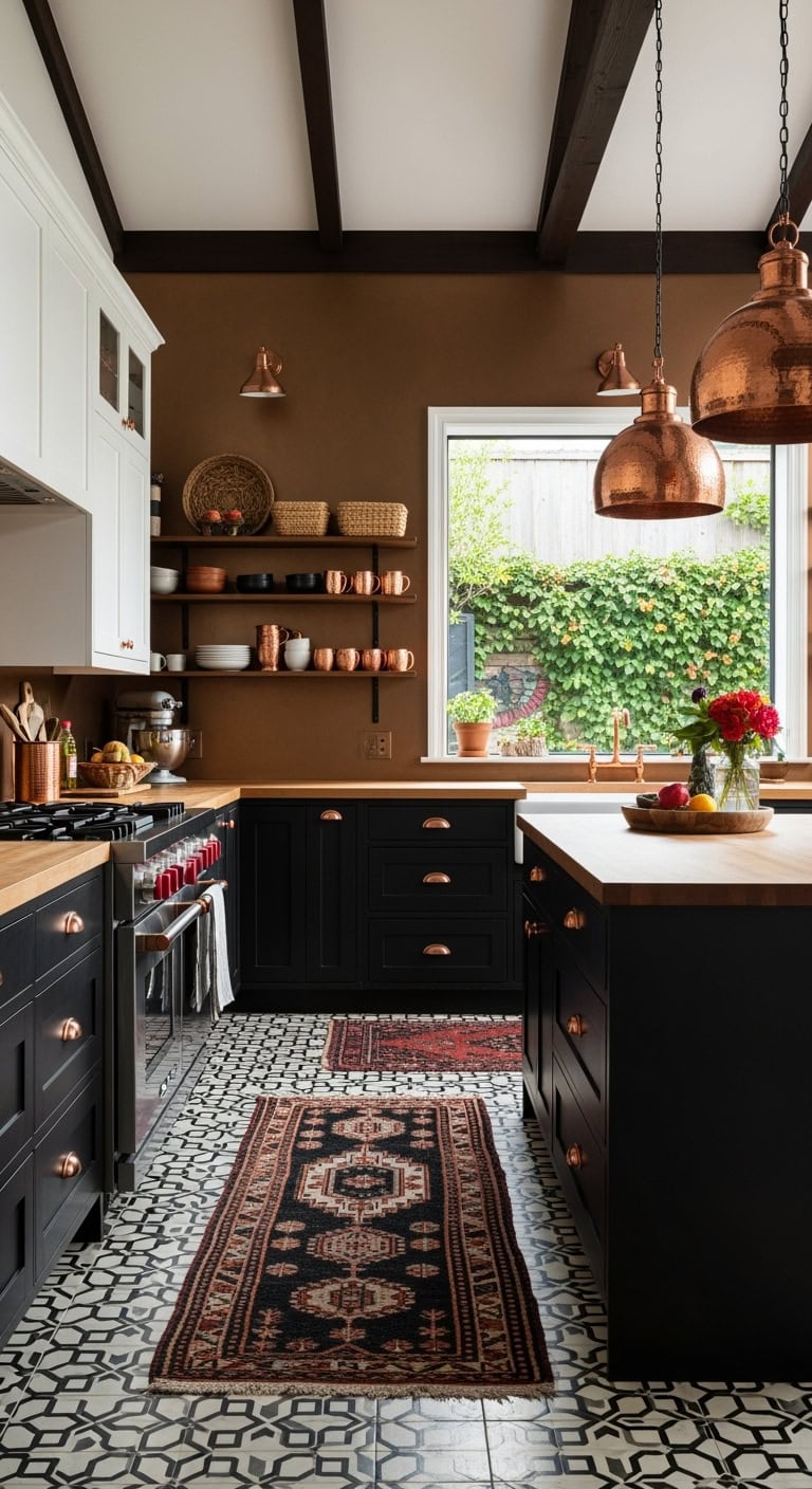 eclectic black copper kitchen