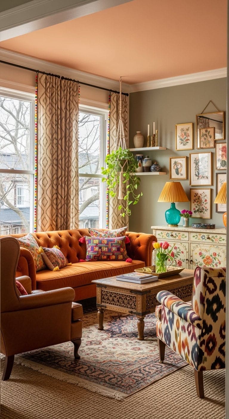 eclectic maximalist patterned beige curtains