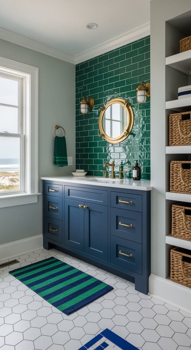 emerald and navy nautical bath