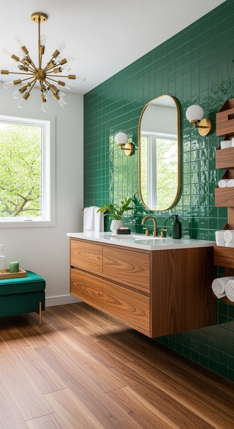emerald walnut mid century bathroom