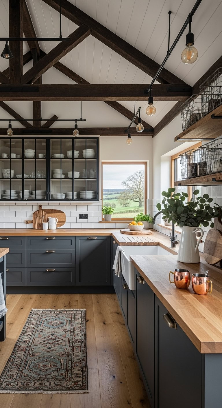 exposed beams glass cabinets