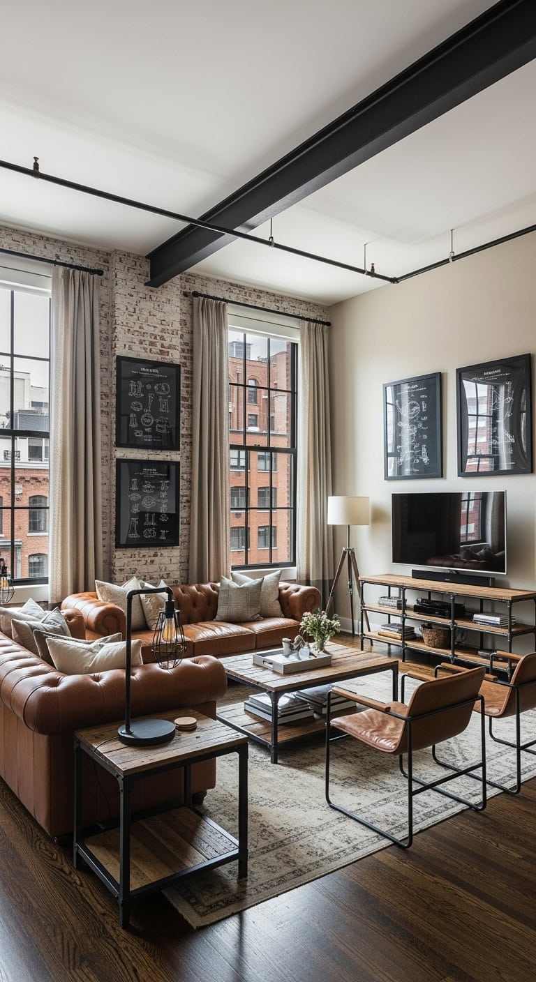 exposed beams leather brick