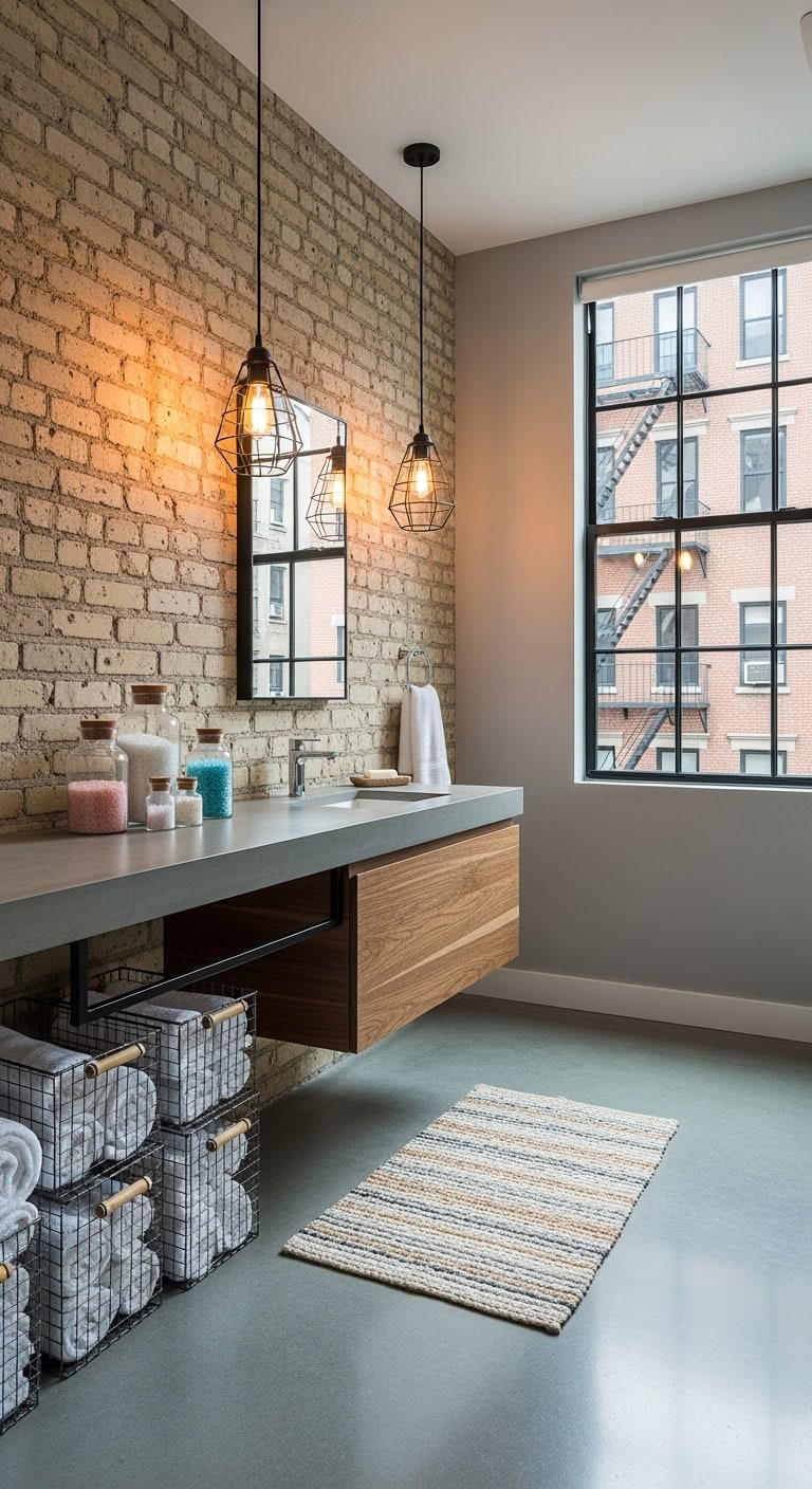 exposed beige brick industrialbathroom
