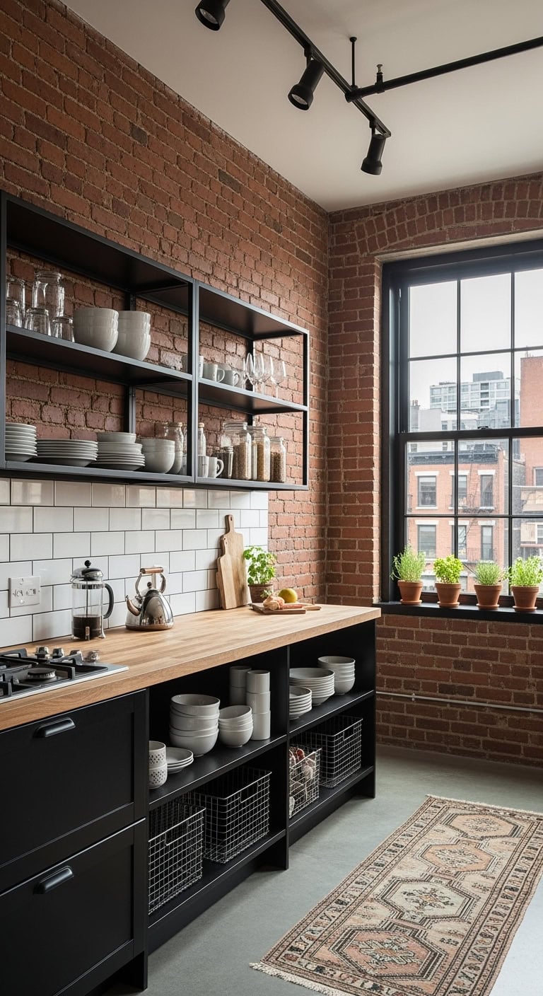 exposed brick industrial open shelving