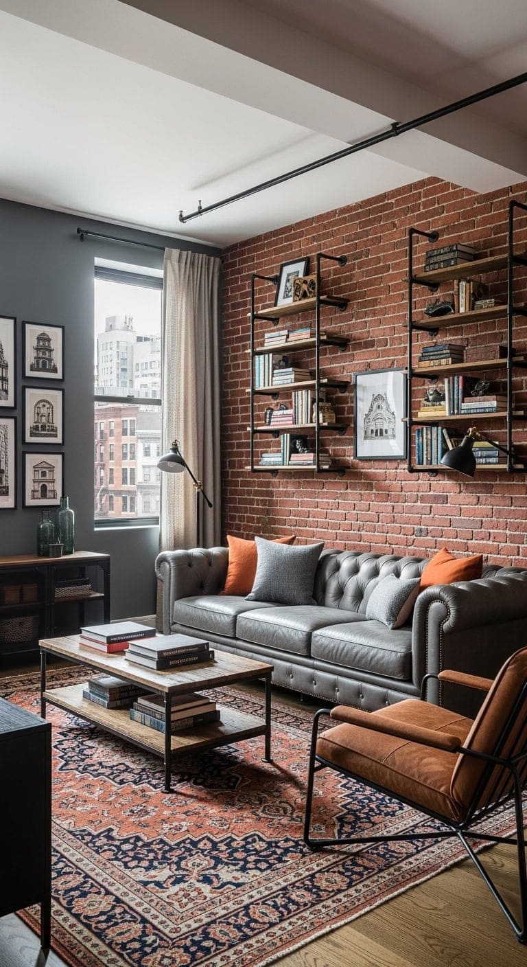 exposed brick industrial shelving