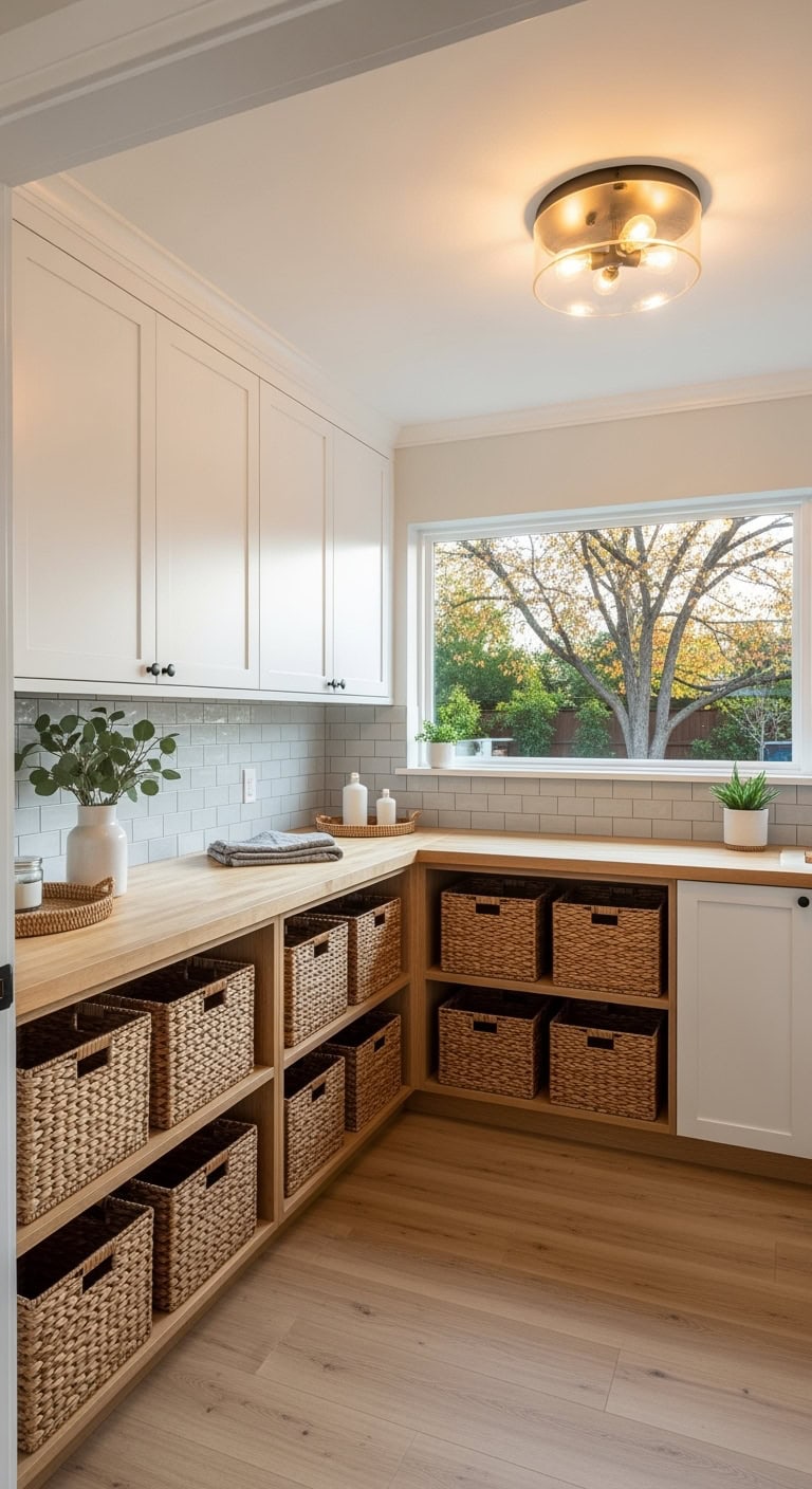 farmhouse inspired organized laundry shelving