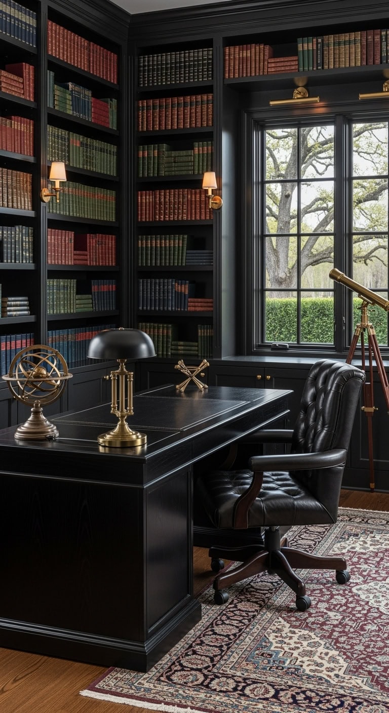 floor to ceiling black bookcases