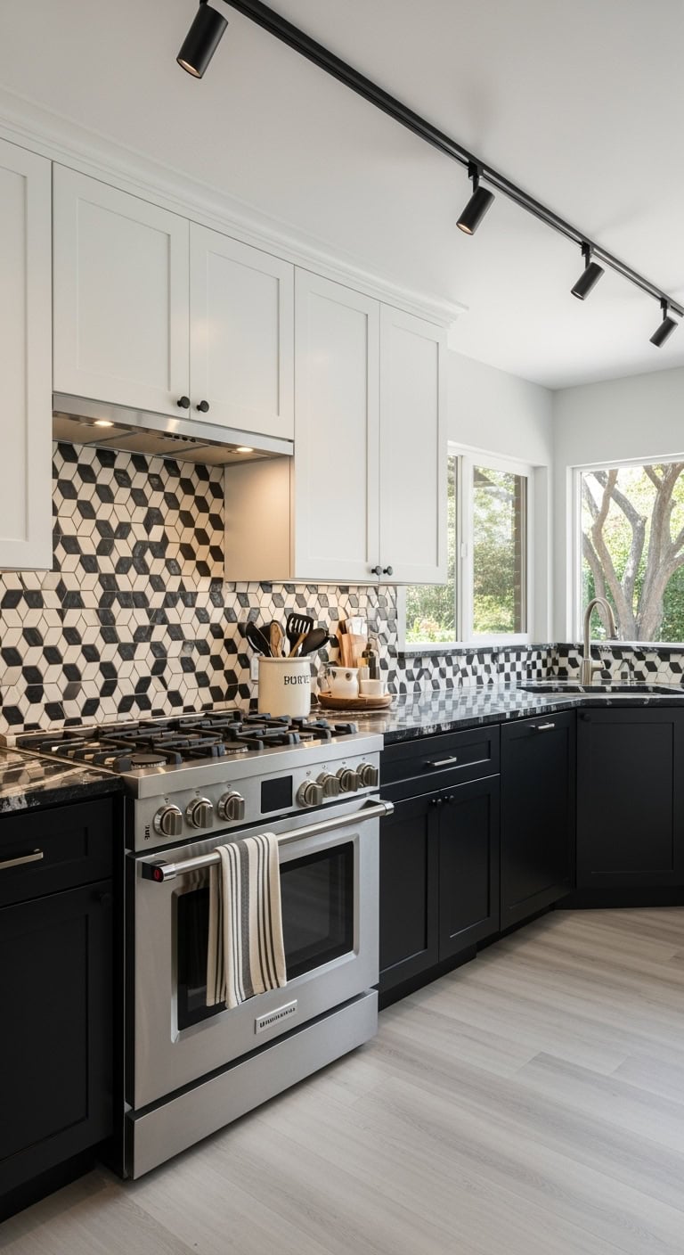 geometric black and cream backsplash