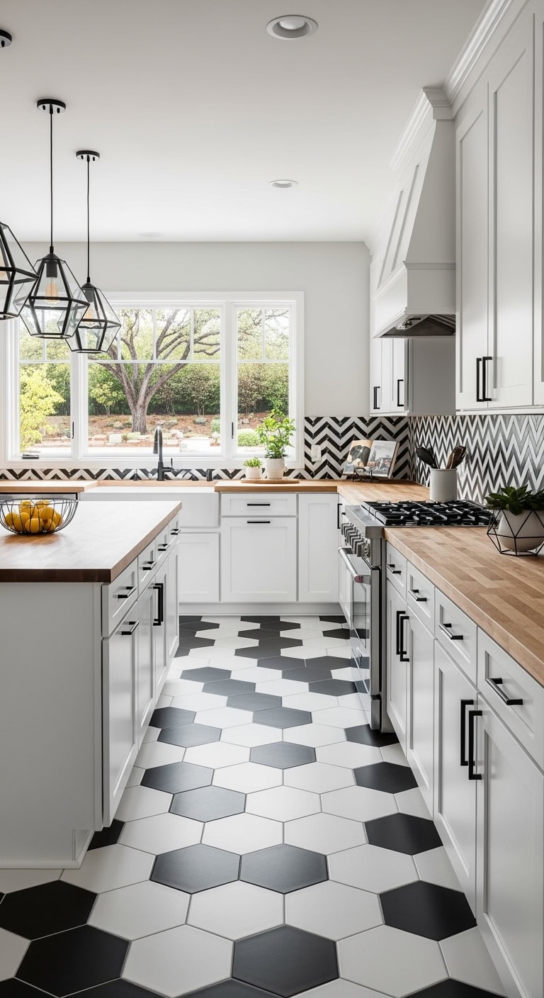 geometric tiles monochrome kitchen vibe