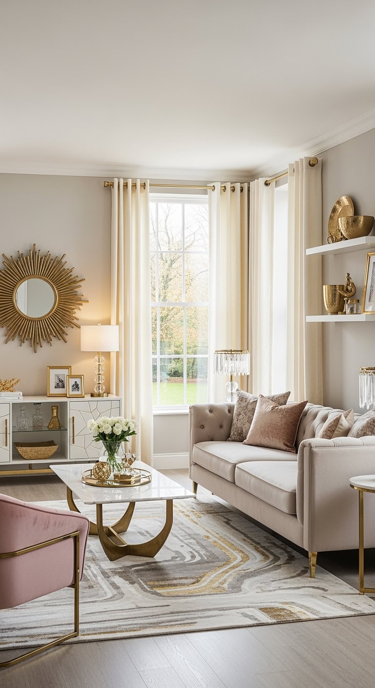 glamorous beige velvet gold accents