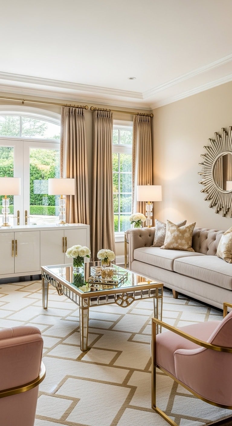 glamorous beige velvet mirrored luxe