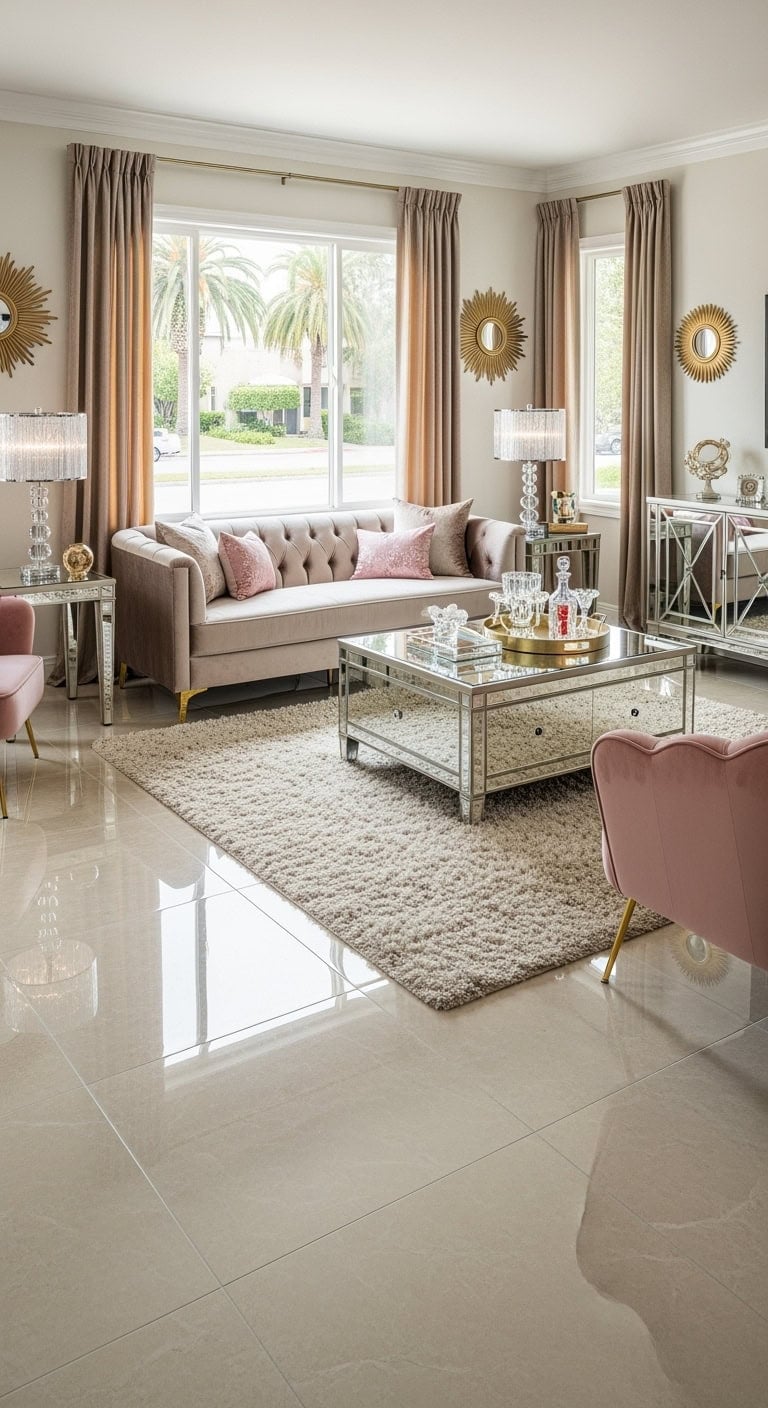 glamorous mirrored champagne livingroom
