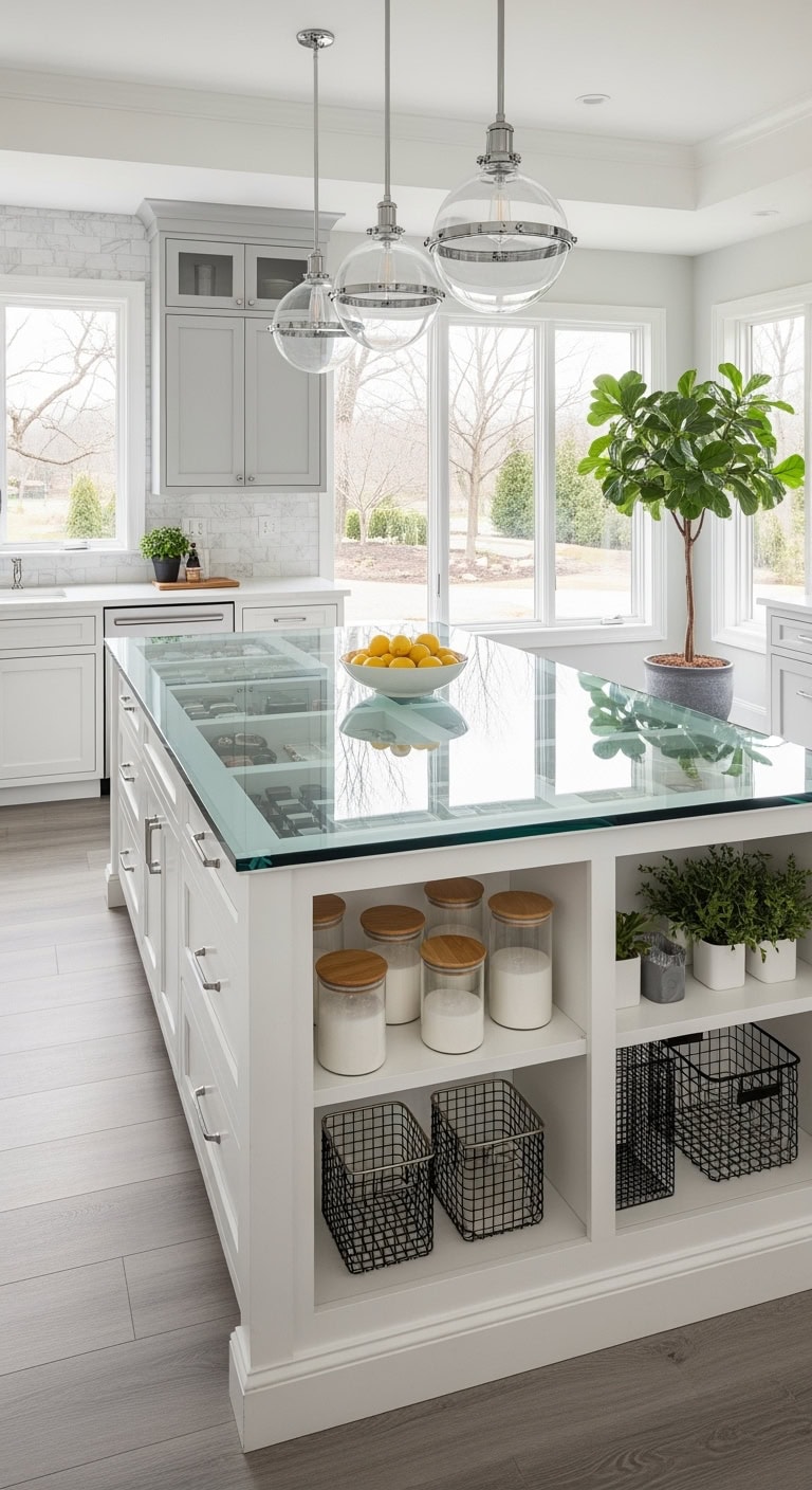 glass topped curated storage island