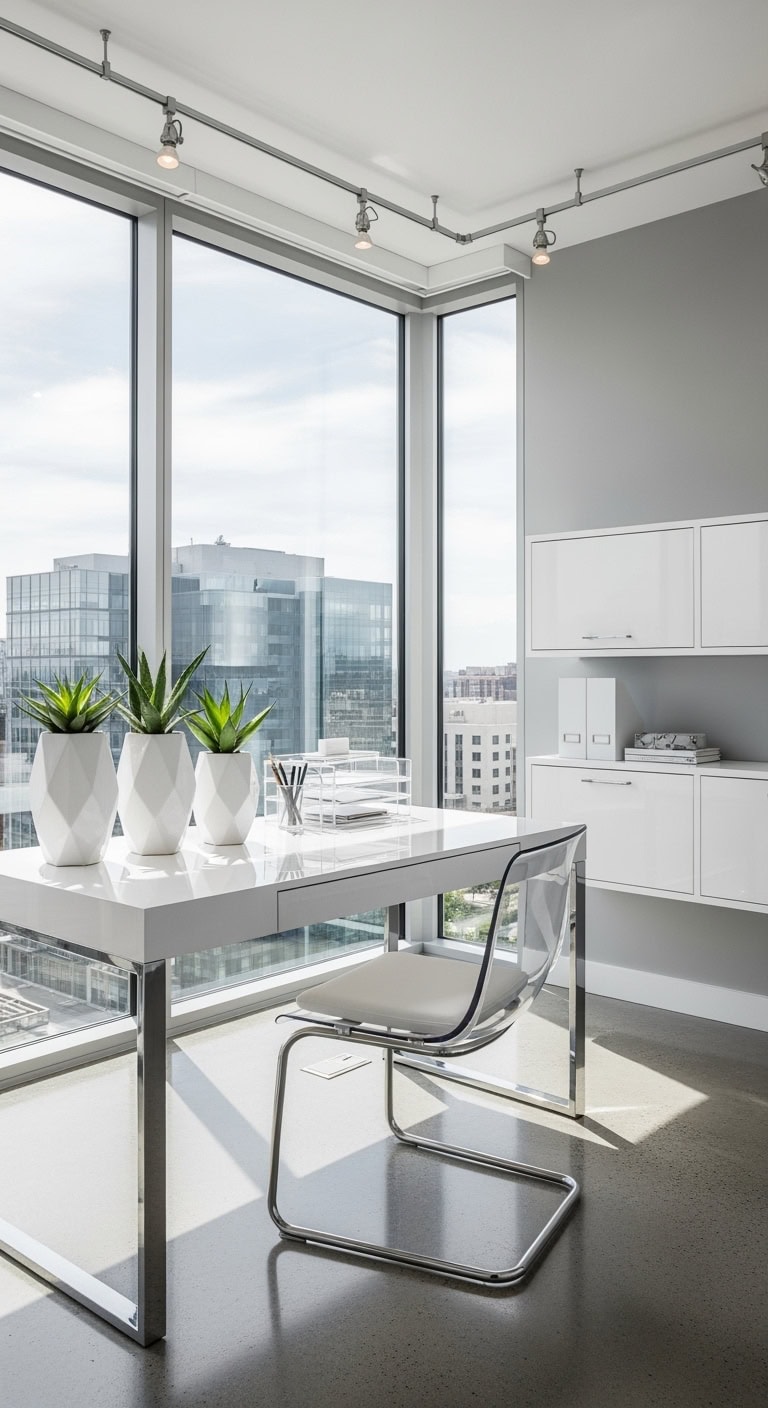 glass walled minimalist white workspace