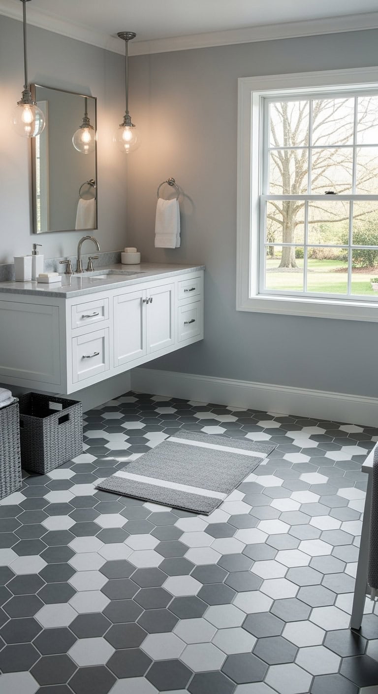gray and white hexagonal tiles