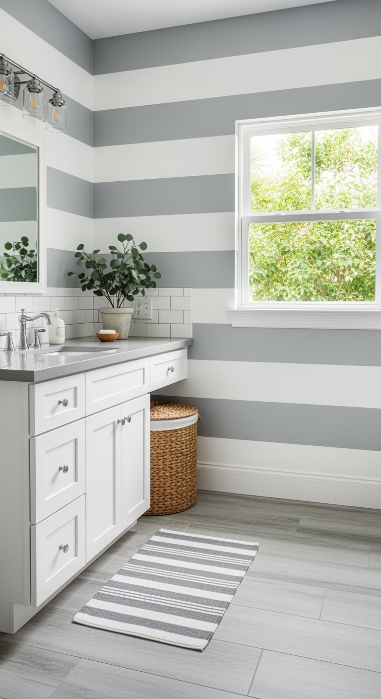 gray and white striped bathroom