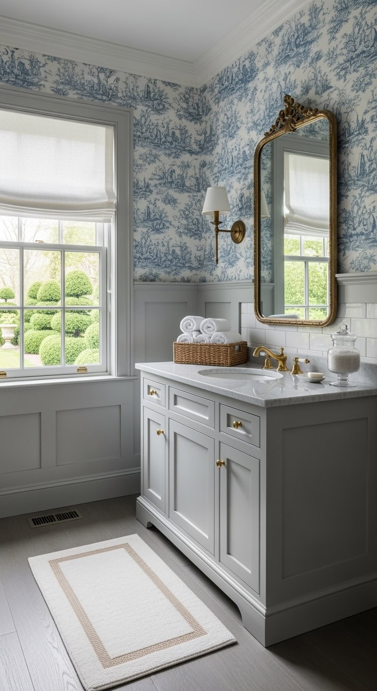 gray wainscoting with french blue