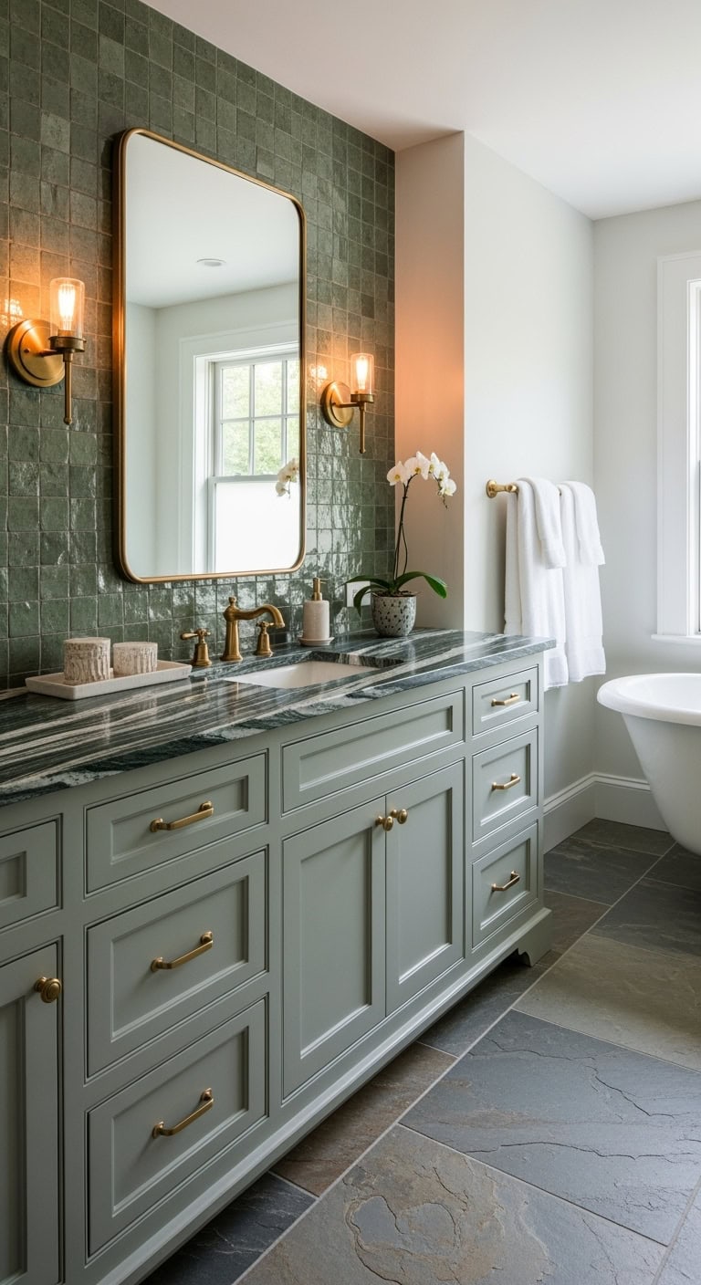 green and gold luxe bathroom