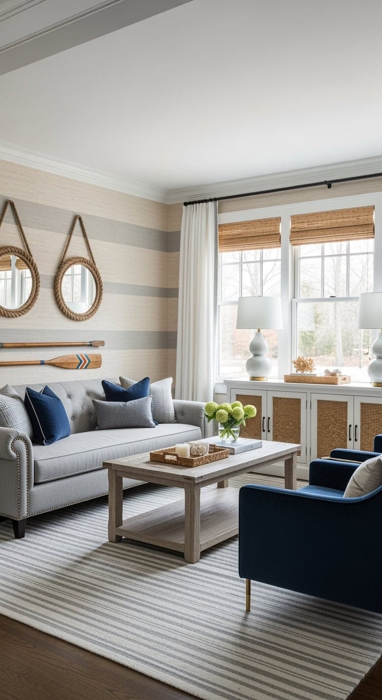 grey striped beige grasscloth walls