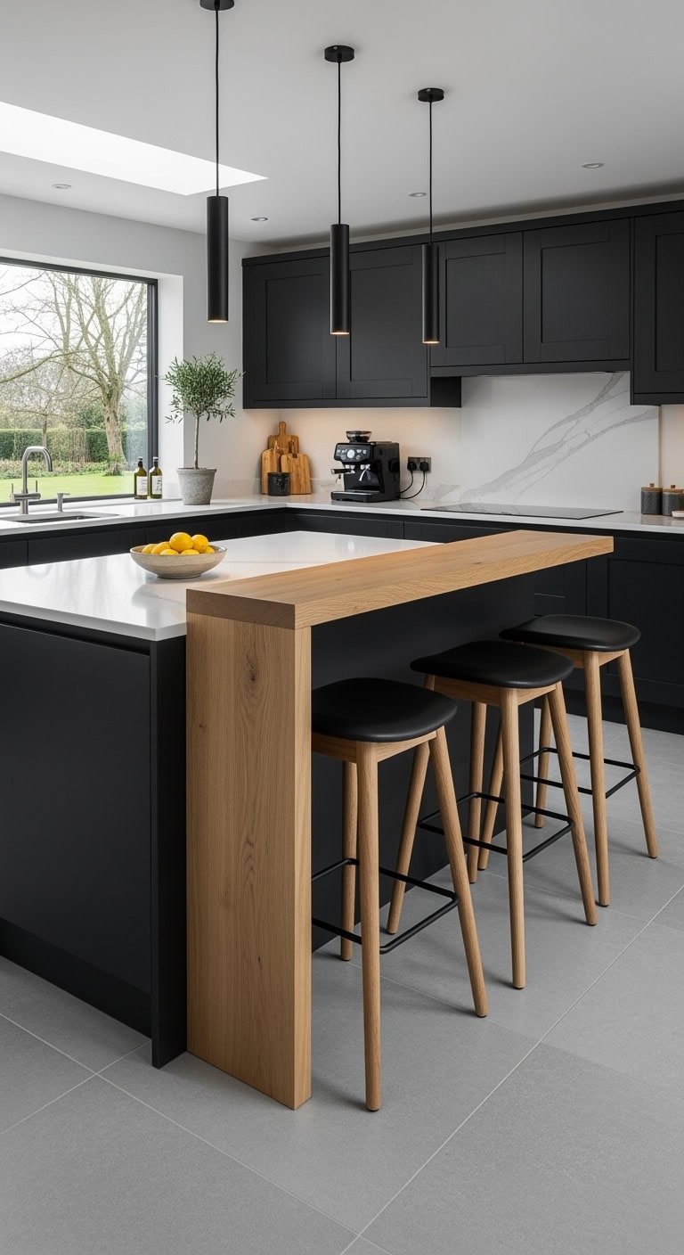 handleless black cabinets with oak