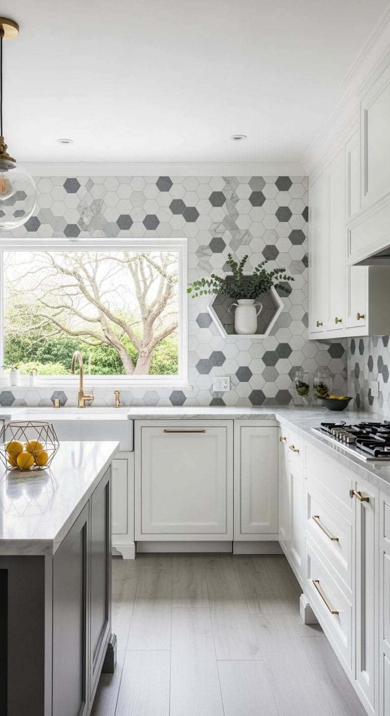 hexagonal backsplash chic kitchen
