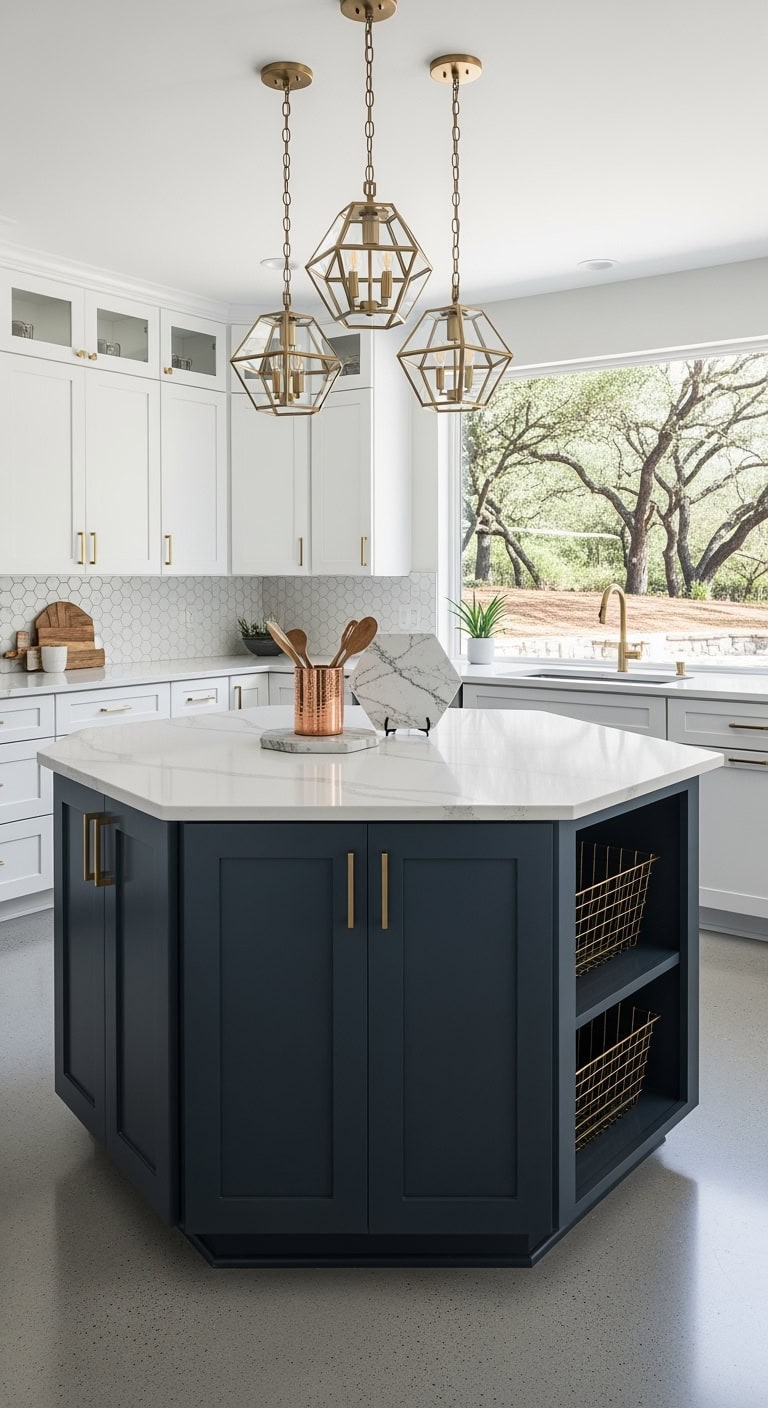 hexagonal marble accented kitchen island