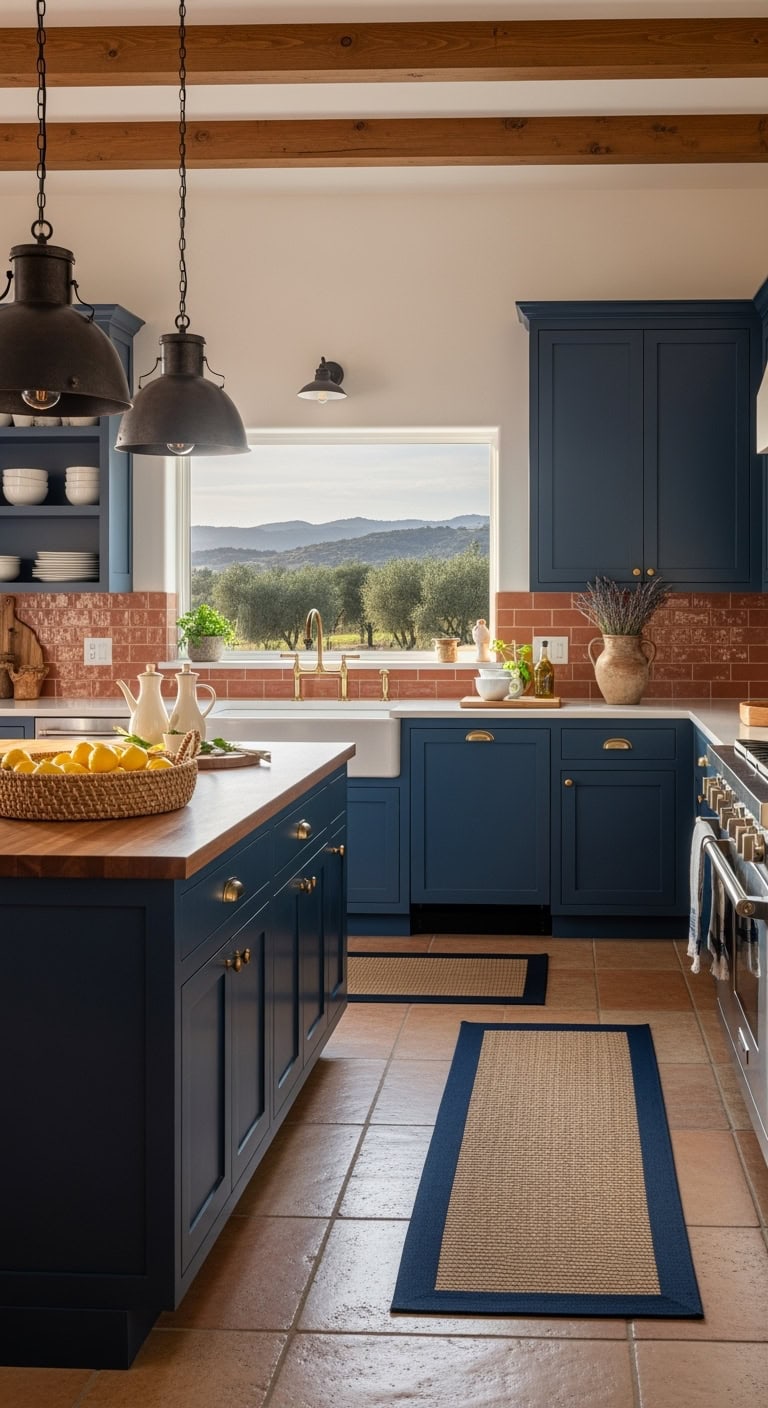 indigo cabinets terracotta backsplash
