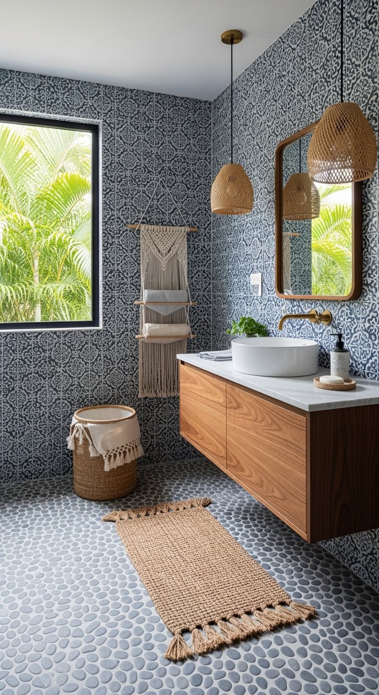 indigo pebbled bohemian bathroom