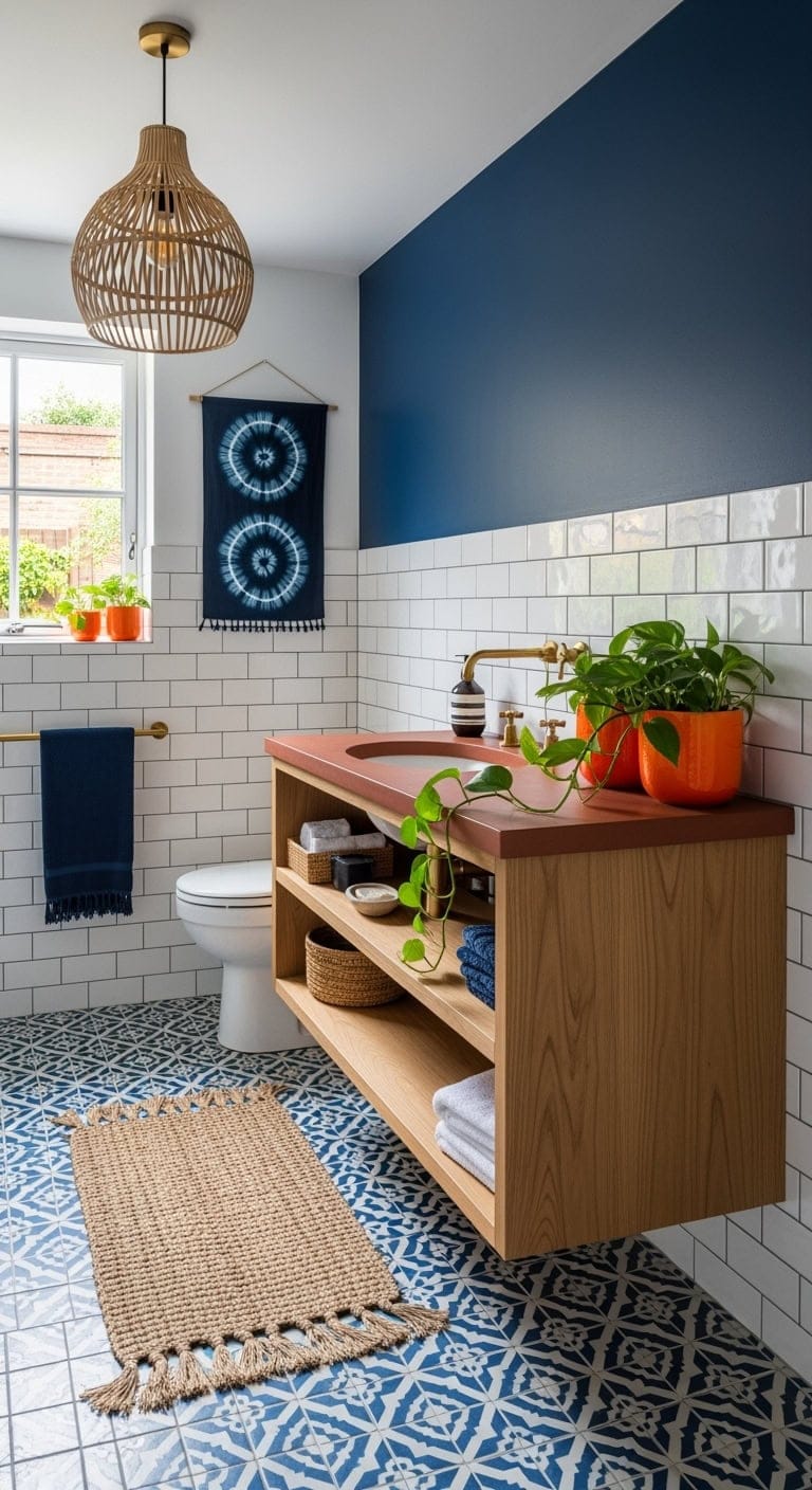 indigo tangerine bohemian bathroom