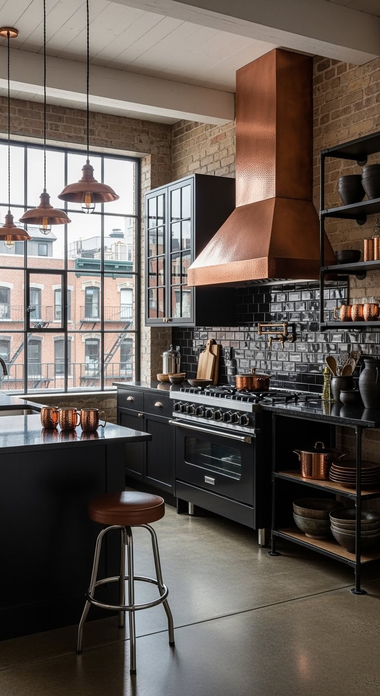 industrial black and copper kitchen